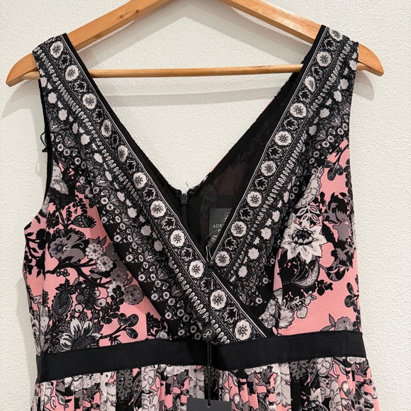 NEW Adrianna Papell Pink Floral V Neck Pleated Dress Boho Romantic Fit Flare - Picture 3 of 8